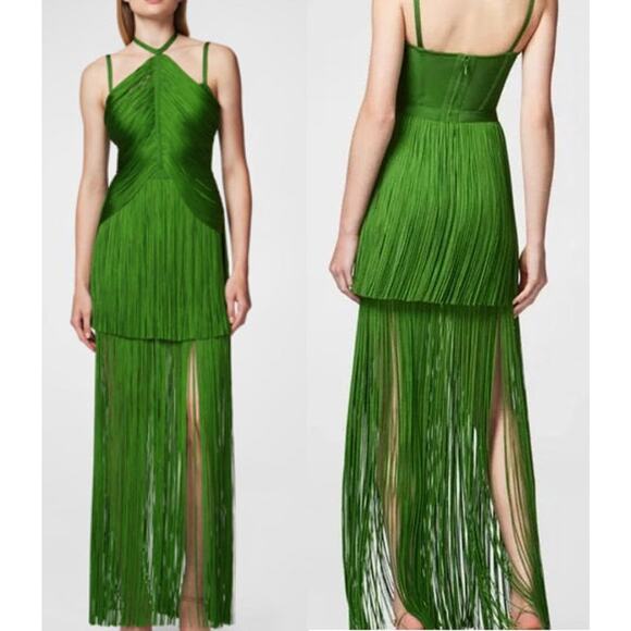 Herve Leger Paris Halter Drape Fringe Long Gown Everglade Green Women's Large - Picture 1 of 7